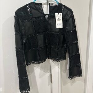 NWT Zara Black Crochet Faux Leather Square Top | Size S